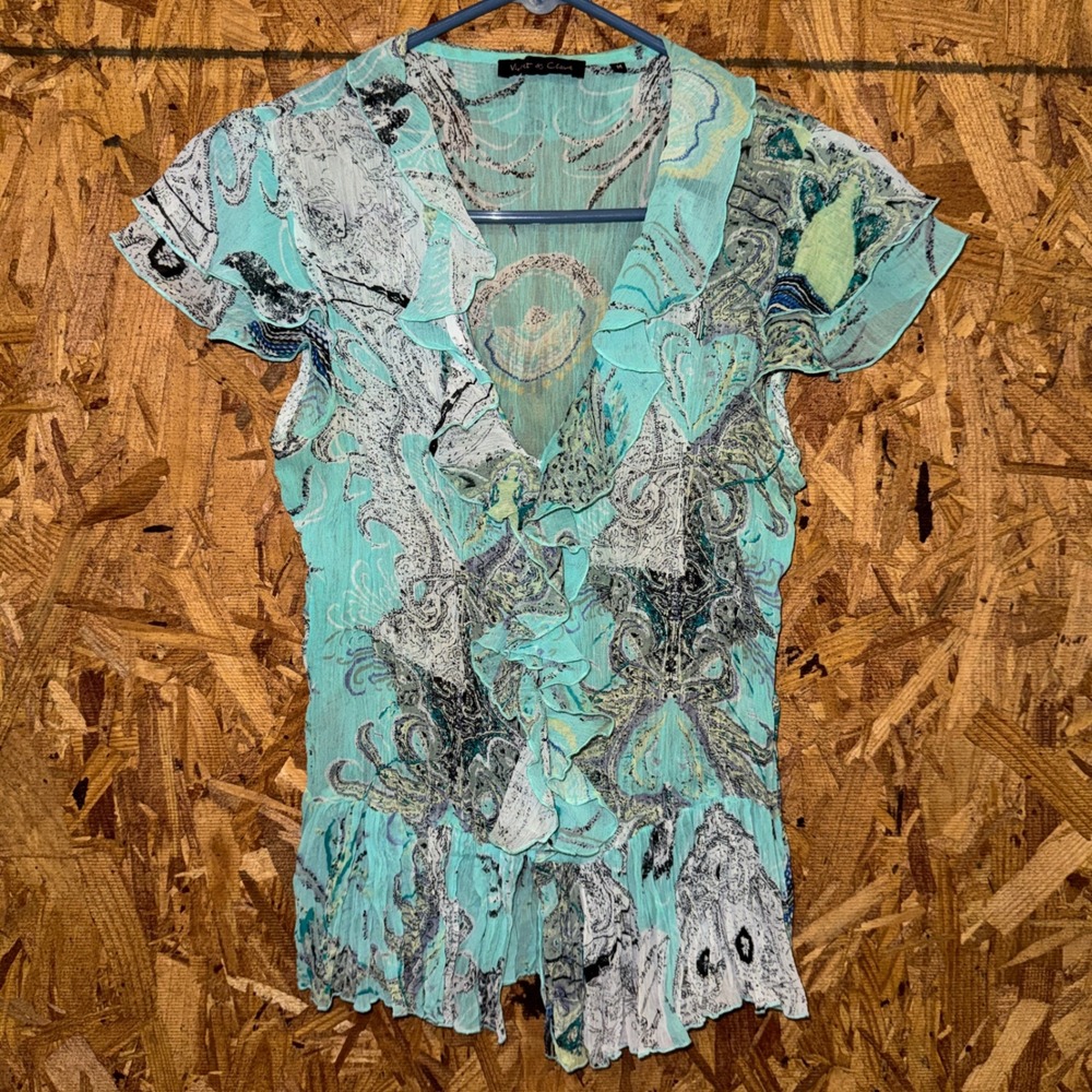 Blue Floral Semi Sheer Ruffle Button Blouse Top Feminine Boho Western Chic Y2K M